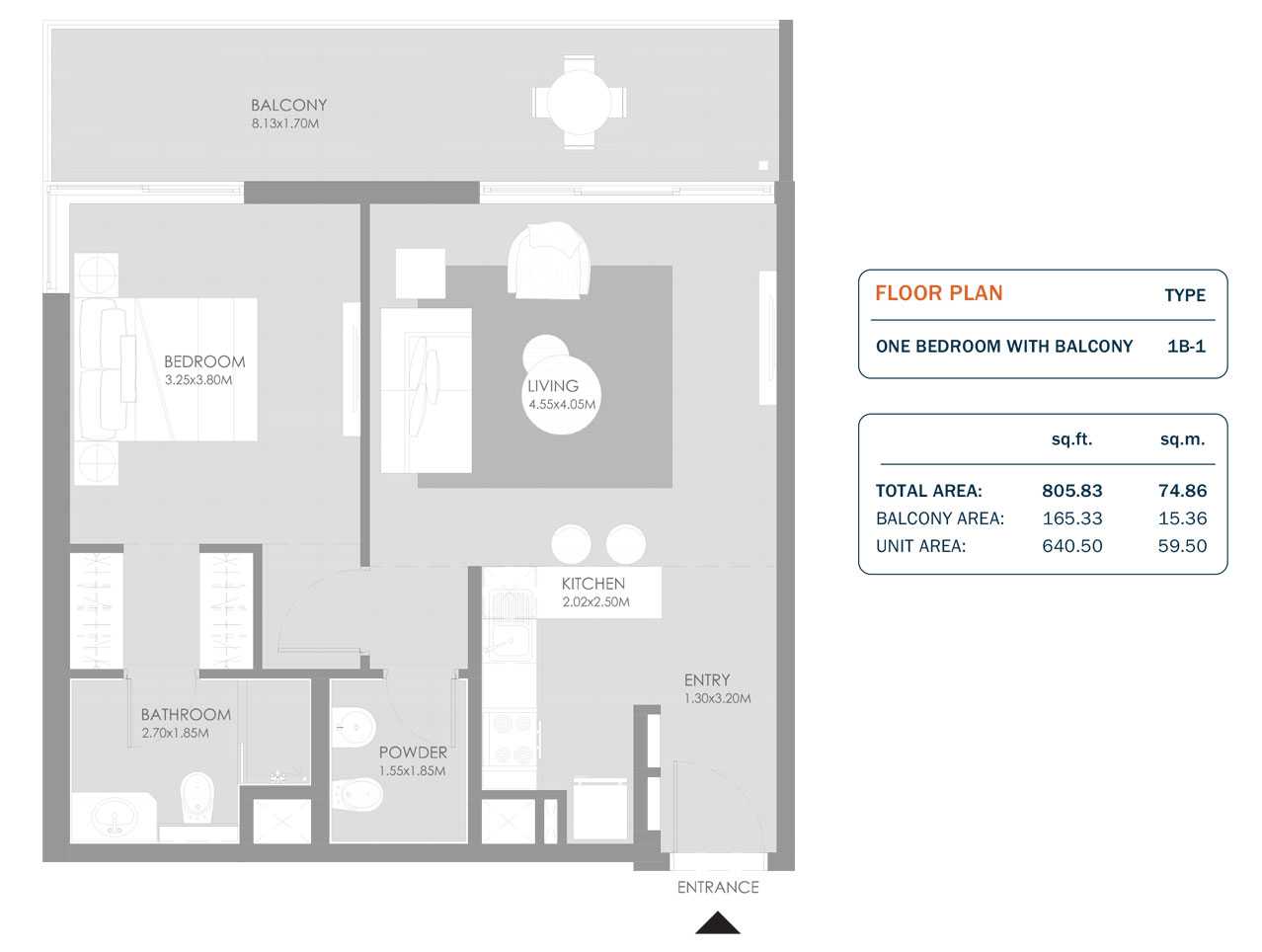 1 Bedroom, Size 805.83 Sq.ft